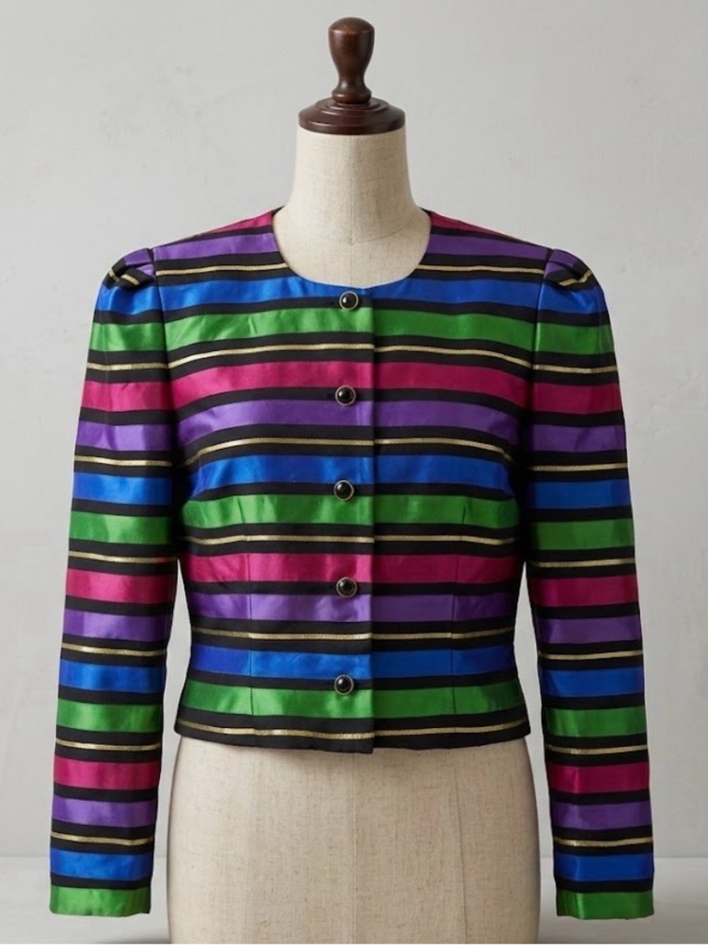 VTG Maggy London 80s Jacket Blazer 12 Ribbon Rainbow Stripe Mardis Gras Holiday